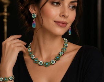 Vintage Floral Enamel Jewelry Set, Gold Plated Bracelet Necklace Earrings Set