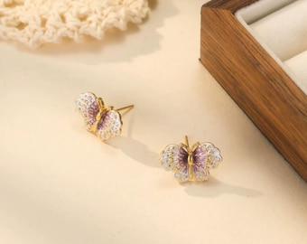 Gold-Plated Enamel Butterfly Earrings: Crystal Studs, Vintage Style