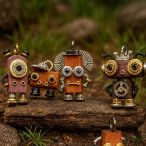 May include: Four handcrafted wooden robot figurines with brass and silver-toned accents. Each robot has a unique design, including gears, rivets, and decorative elements. The robots are displayed on a natural wood surface.
