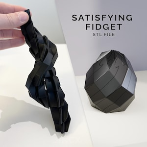 May include: Black fidget toys, one in a flexible, segmented design and another in a geometric shape. The text "SATISFYING FIDGET STL FILE" is displayed in black font on a white background.