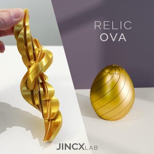 Könnte beinhalten: Ein goldfarbenes, eiförmiges Objekt mit Spiralmuster und eine passende, segmentierte, verdrehte Skulptur. Der Text "RELIC OVA" ist sichtbar. Das Logo "JINCXLAB" befindet sich unten.