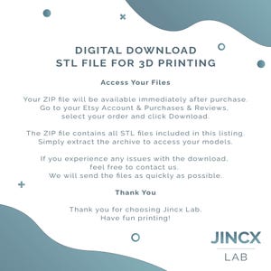 Puede incluir: Descarga digital de archivo STL para impresi&oacute;n 3D. La imagen incluye el texto "Accede a tus archivos" y proporciona instrucciones sobre c&oacute;mo descargar el archivo despu&eacute;s de la compra. El texto tambi&eacute;n incluye "Gracias" y el logotipo de Jincx Lab.