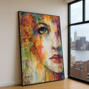 Abstract Woman Portrait Canvas, Colorful Face Wall Art, Mixed Media Style Canvas, Modern Decorative Art, Vibrant Home Decor Painting