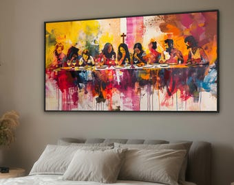 May include: Abstract painting of a group of people at a table, with a cross in the background. The artwork uses vibrant colours, including yellow, red, and blue, and is in a black frame. The painting is displayed above a bed.