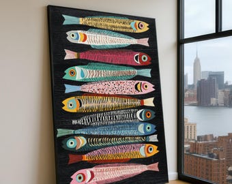 Colorful Sardine Fish Canvas Art, Modern Nautical Wall Decor