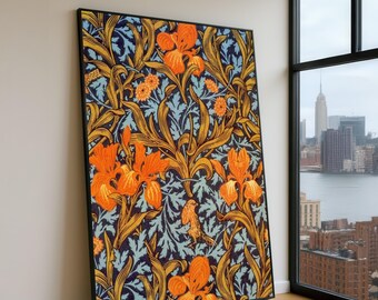 William Morris Orange Iris Blumen Leinwand, Vintage botanische Wandkunst