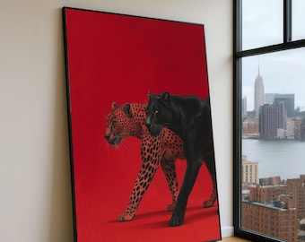 Canvastavla Black Panther och Leopard, djärv röd väggkonst för vilda djur