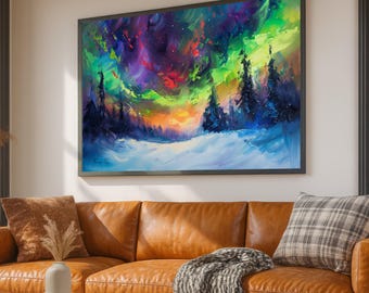 Aurora Borealis Canvas, Abstract Northern Lights, Pine Tree Landscape