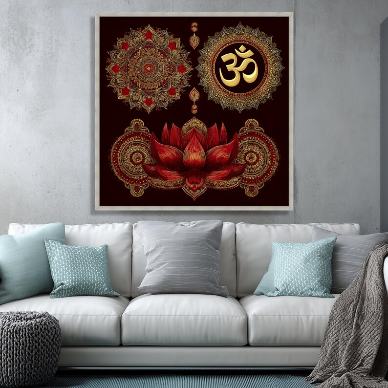 Om Symbol Red Lotus Mandala Canvas, Spiritual Indian Wall Art - Etsy