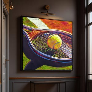 Puede incluir: Una obra de arte con temática de tenis que presenta una pelota de tenis amarilla descansando en una raqueta de tenis negra y marrón. El fondo muestra una cancha verde, una línea blanca y tonos naranja y rojo. La obra está enmarcada en un marco cuadrado negro.
