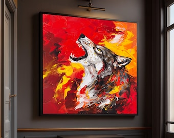Tela com Lobo Uivando Ferozmente, Pintura Abstrata em Vermelho e Amarelo
