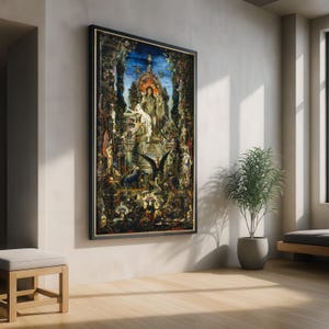 Può includere: Un dipinto incorniciato con una cornice in legno scuro. L'opera raffigura una scena fantastica dettagliata con figure, creature ed elementi architettonici. La tavolozza dei colori è ricca di blu, verdi e oro, creando un'estetica drammatica e storica.