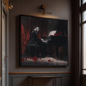 Könnte beinhalten: Ein gerahmtes Kunstwerk zeigt eine Person in formeller Kleidung mit Maske, die ein Klavier spielt. Rote Rosen sind um das Klavier und auf dem Boden verstreut. Ein roter Vorhang ist im Hintergrund zu sehen und erzeugt eine dramatische Atmosphäre.