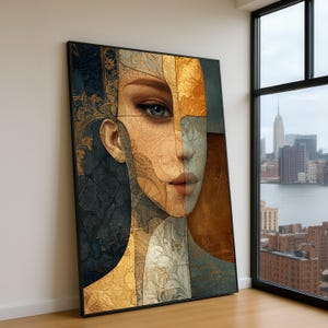 Abstract Female Portrait Canvas Art, Mixed Media Face Design, Contemporary Home Decor