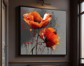 Levendige canvasprint oranje klaprozen, abstracte bloemen muurkunst