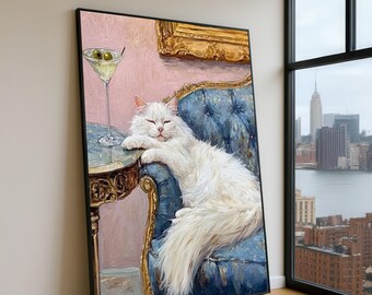 White Cat on Blue Sofa Canvas, Elegant Living Room Wall Art