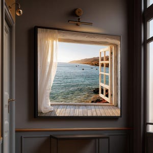 May include: A rectangular wall art print featuring a view through an open window onto a calm sea at sunset. The scene includes a white sheer curtain, a wooden deck, and a coastal landscape with distant hills under a warm, golden sky.