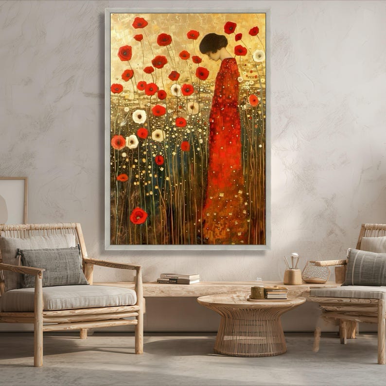 Gustav Klimt Inspired Red Poppy Field Canvas, Woman in Red Dress Wall ...
