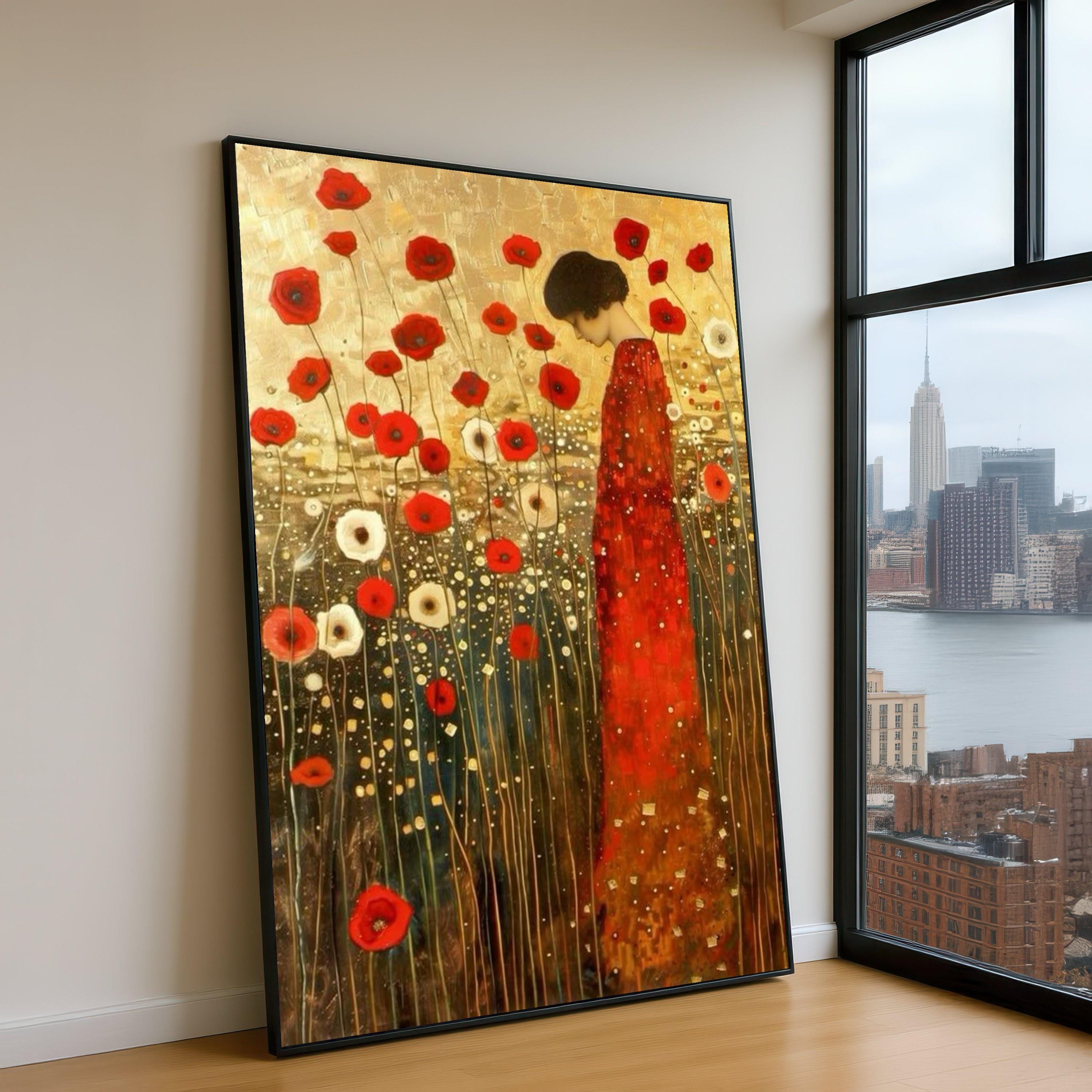Gustav Klimt Inspired Red Poppy Field Canvas, Woman in Red Dress Wall ...