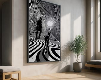 Surreal Cat and Figure Tunnel Canvas, Optical Illusion Psychedelic Wall Art