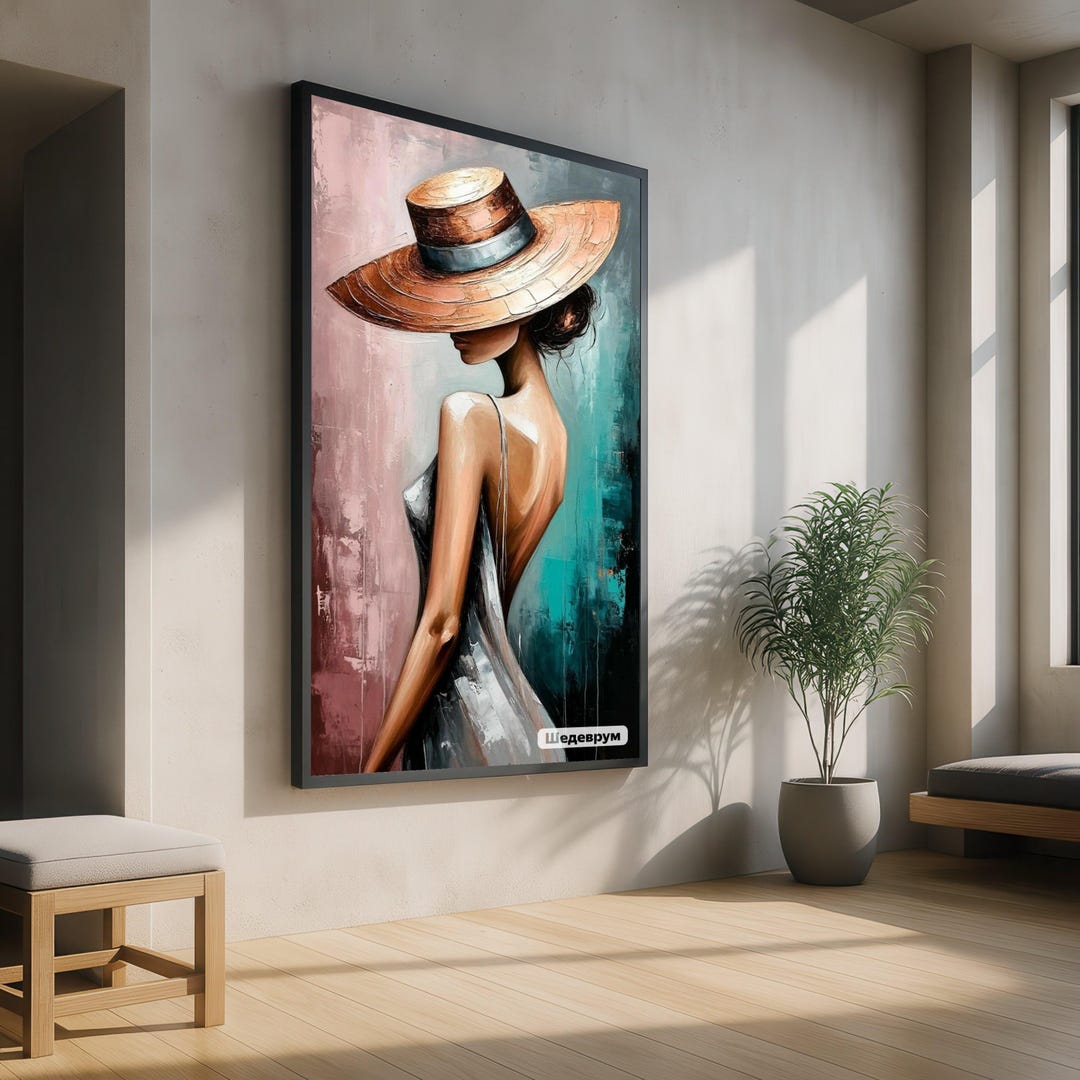 Elegant Woman Canvas Print, Wide Brim Hat, Abstract Figure Wall Art - Etsy