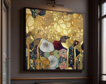 Gustav Klimt Inspired Floral Canvas Art Print, Gold Leaf Decor, Ready to Hang