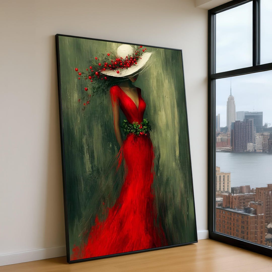 Elegant Woman in Red Dress Canvas Print, Floral Hat, Fashion Art - Etsy