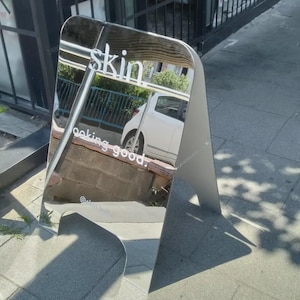 Mirrored A-Frame Sidewalk Sign: Chrome Finish, Custom Business Display