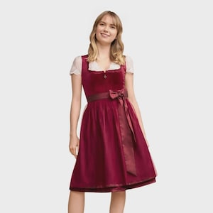 Red Velvet Bavarian Dirndl Dress: Oktoberfest Gown with Satin Apron