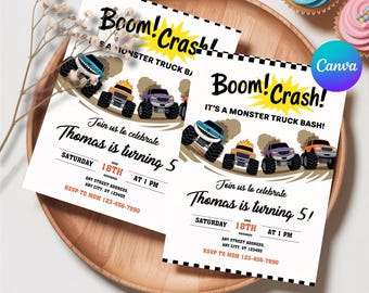 Monster Truck Birthday Invitation, Boom Crash, Canva Template, Boys Birthday Invite, Monster Truck Party, Watercolor Trucks Theme