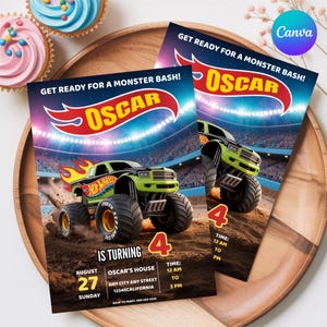May include: Two invitations for a monster truck-themed birthday party. The invitations feature a green and black monster truck with the text "Hot Wheels" and the name "Oscar". The invitations include the date, time, and location of the party.