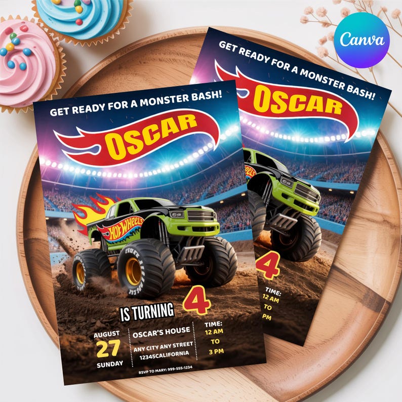 May include: Two invitations for a monster truck-themed birthday party. The invitations feature a green and black monster truck with the text "Hot Wheels" and the name "Oscar". The invitations include the date, time, and location of the party.