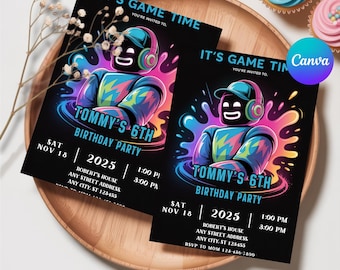 Roblox Invitation, Roblox Invite, Game Party, Roblox Boys Birthday Invitation Template, Game Birthday, Kids Roblox, Editable Template, Canva