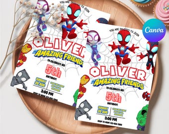 Invitación de cumpleaños de Spidey y sus increíbles amigos, plantilla de descarga digital, invitaciones de fiesta imprimibles editables de Spidey, invitación digital para niños