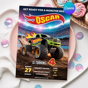 May include: A birthday party invitation featuring a green and black Hot Wheels monster truck on a dirt track. The invitation includes the name "OSCAR", the number "4", and event details: August 27, Sunday, 12 AM to 3 PM.