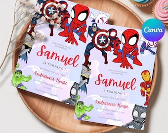 Invitación de cumpleaños de Spidey y sus increíbles amigos, plantilla de descarga digital, invitaciones de fiesta imprimibles editables de Spidey, invitación digital para niños
