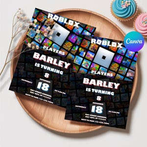 May include: Two Roblox-themed birthday invitations on a wooden tray. The invitations feature the Roblox logo, the name "Barley," and the date of the party: November 18th. The invitations are black with colorful game images.