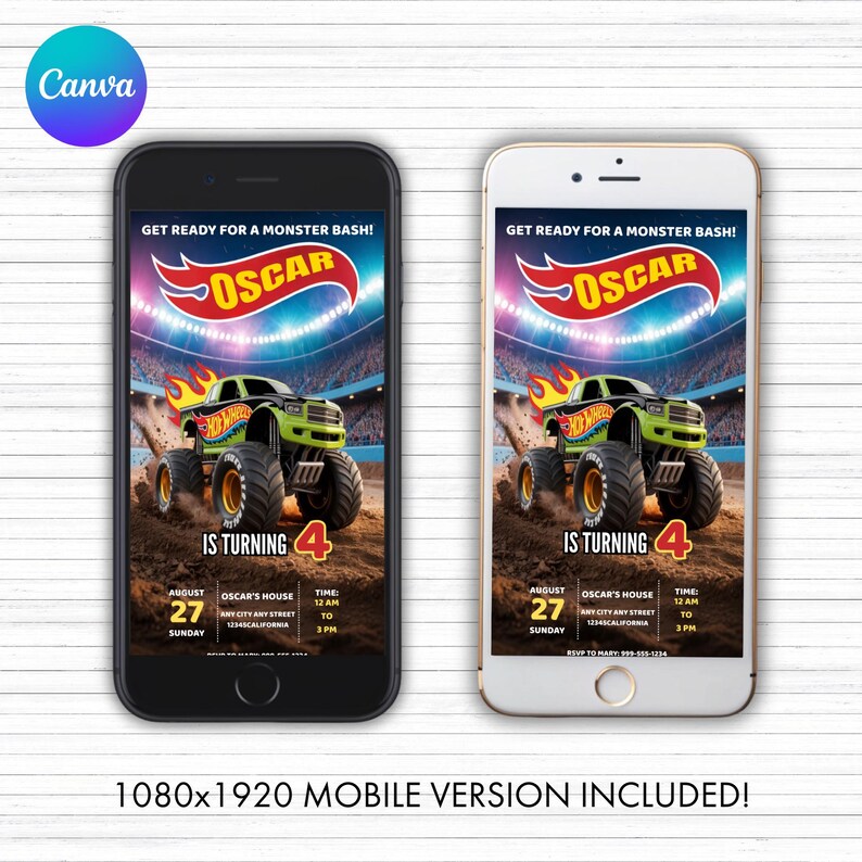 May include: Two smartphones, one black and one gold, displaying a monster truck birthday party invitation. The invitation features a green monster truck, flames, and the text "Get Ready for a Monster Bash!" and "Oscar is Turning 4."