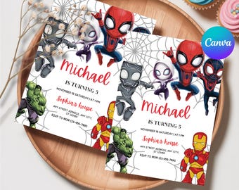 Editable Watercolor Spidey And His Amazing Friends Birthday Party Invitation, Superhero Template Printable, Kids Invite, Instant Download