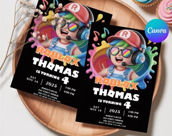 Editable Roblox Invitation, Roblox Invite, Game Party, Roblox Boys Birthday Invitation Template, Game Birthday, Kids Roblox, Canva