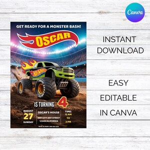 May include: A digital invitation for a monster truck-themed birthday party. The design features a green and black Hot Wheels monster truck on a dirt track, with the name "Oscar" and party details. Text includes "Instant Download" and "Easy Editable in Canva."