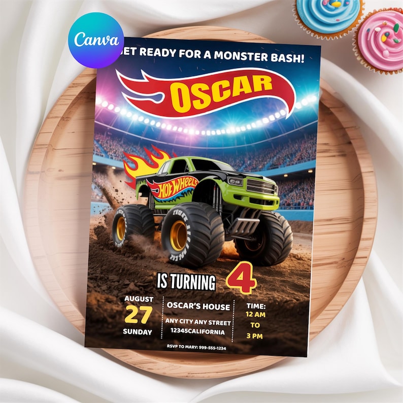 May include: A Hot Wheels-themed birthday invitation featuring a green and black monster truck on a dirt track. The invitation includes the name "Oscar", the number "4", event details, and the text "Get Ready for a Monster Bash!"