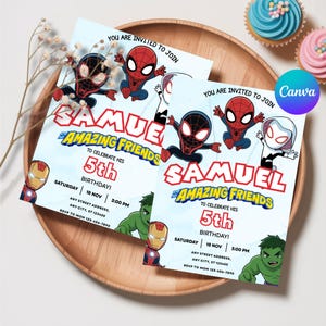 Editable Watercolor Spidey and his Amazing Friends Birthday Party Invitation, Superhero Birthday Invite Canva Template, Instant Download