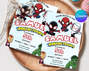 Editable Watercolor Spidey and his Amazing Friends Birthday Party Invitation, Superhero Birthday Invite Canva Template, Instant Download