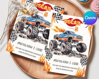 Monster Truck Birthday Invitation, Boy Monster Truck Birthday Invite, Monster Truck Invites, Editable 5x7 Canva Template