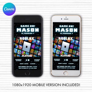May include: Two smartphones displaying a birthday party invitation. The invitation features the text "GAME ON! MASON IS TURNING 7" with "ROBLOX" and "PLAYERS" text. The date is Saturday, October 18th, from 1:00PM to 3:00PM.