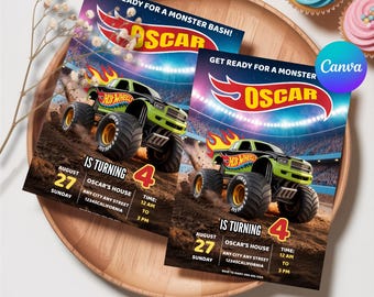 Monster Truck Birthday Invitation, Editable Monster Truck Birthday Invitation Template For Boys, Trucks Birthday Invite Monster Truck Invite