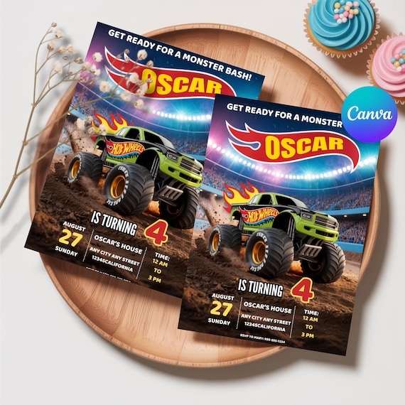 Monster Truck Birthday Invitation, Editable Monster Truck Birthday Invitation Template For Boys, Trucks Birthday Invite Monster Truck Invite