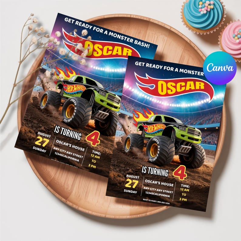 May include: Two monster truck birthday party invitations with the text "Get Ready For A Monster Bash!" and "Oscar". The invitations feature a green and black Hot Wheels monster truck on a dirt track. The invitations are on a wooden tray with cupcakes.