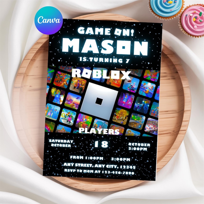 May include: A black and white Roblox-themed birthday invitation with the text "GAME ON! MASON IS TURNING 7". The invitation includes the Roblox logo and a grid of colorful game scenes. Event details are listed below.